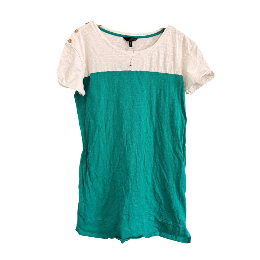 Nicole Miller Colorblock T-Shirt Womens XL Green White Button Shoulder Slub